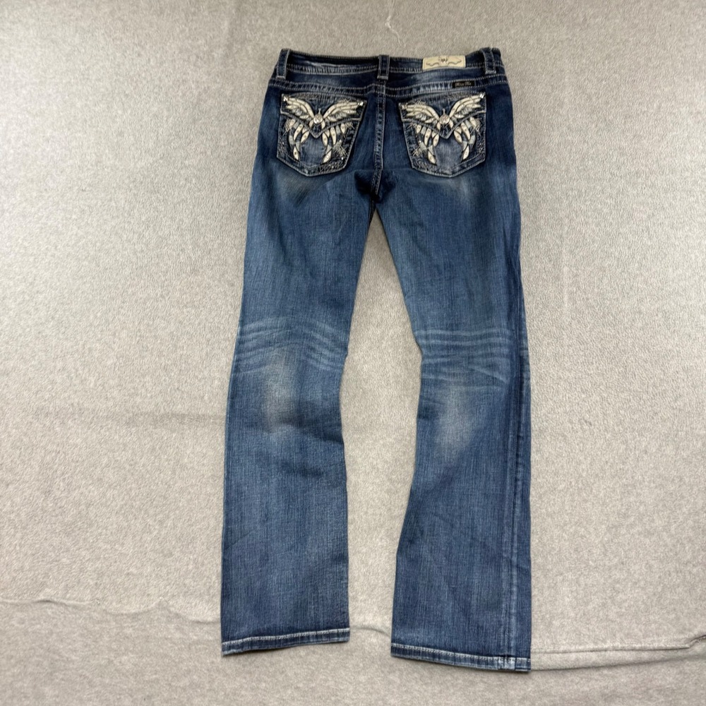 Miss Me Slim Boot Jeans Womens 32 Blue Mid Rise Embellished Wing JP7325B